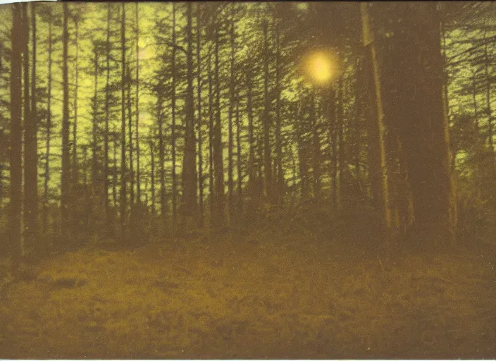 Image similar to aged blurry polaroid photograph of a ufo hovering above a forest at dusk