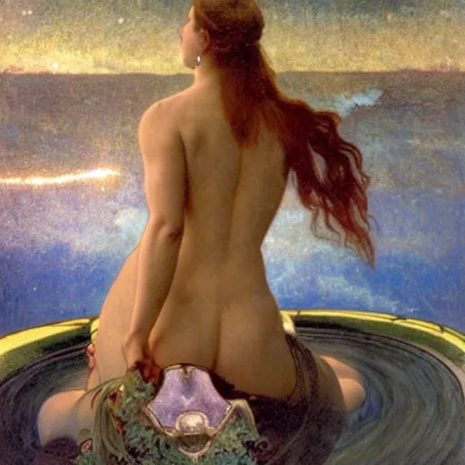 Image similar to Demon girl riding the horse at the palace, refracted sparkles, thunderstorm, greek pool, beach and Tropical vegetation on the background major arcana sky, by paul delaroche, alphonse mucha and arnold böcklin, hyperrealistic 8k, award-winning, very very very detailed