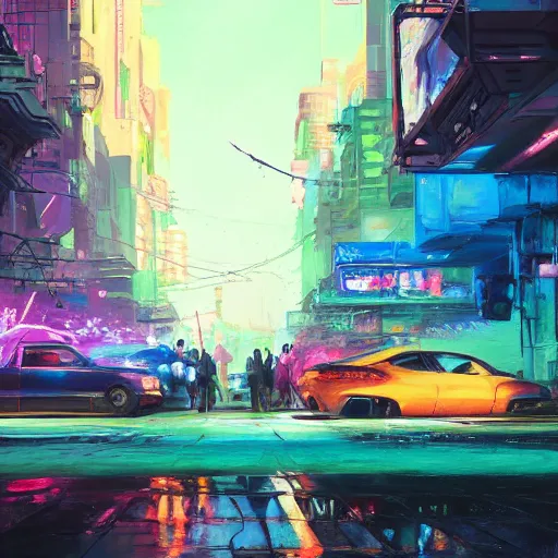 Image similar to acrylic painting, impressionism and expressionism, strong emotional impact, bold pastel colors, expressive brushstrokes, overall sense of movement in the composition. an art deco cyberpunk streetscape lined with beautiful flowers, by liam wong and tyler edlin, trending on artstation