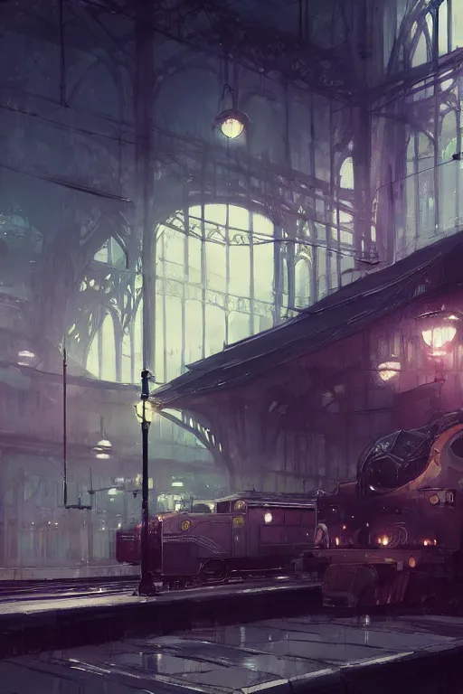 Prompt: The Train Station, cinematic lighting, dramatic atmosphere, by Dustin Nguyen, Akihiko Yoshida, Greg Tocchini, Greg Rutkowski, Cliff Chiang, 4k resolution, trending on artstation