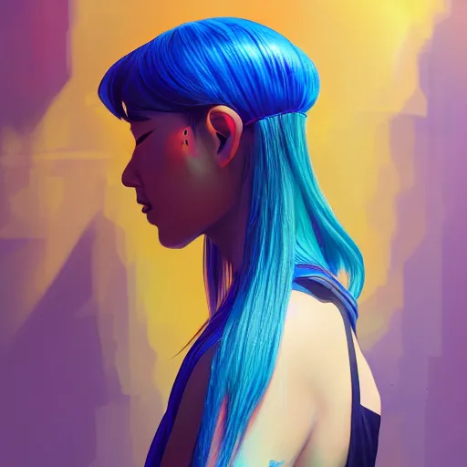 Image similar to a digital painting of an asian girl with blue hair, by pascal blanche, hyperrealism, cyberpunk art, cgsociety, synchromism, detailed painting, glowing neon, digital illustration
