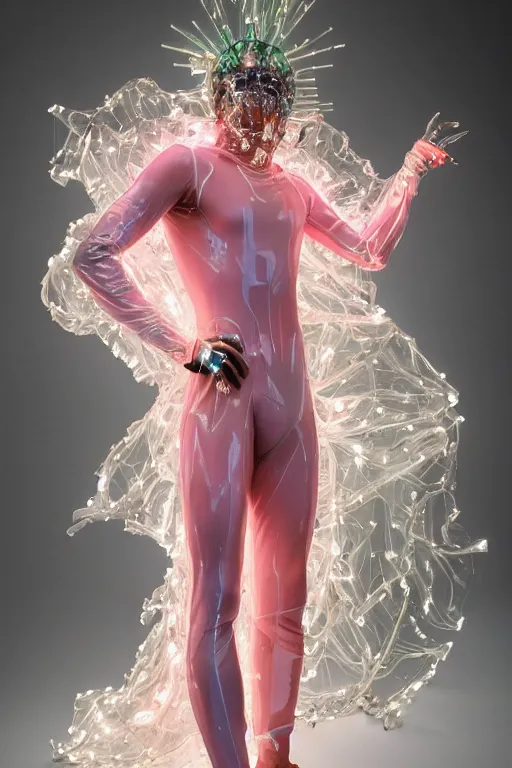 Image similar to full-body rococo and cyberpunk delicate crystalline sculpture of a muscular iridescent slender Latino male as a humanoid deity wearing a thin see-through plastic hooded cloak sim roupa, posing like a superhero, glowing pink face, crown of white lasers, large diamonds, swirling black silk fabric. futuristic elements. oozing glowing liquid, full-length view. space robots. human skulls. throne made of bones, intricate artwork by caravaggio. Trending on artstation, octane render, cinematic lighting from the right, hyper realism, octane render, 8k, depth of field, 3D