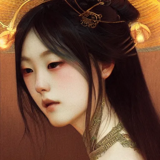 Prompt: a japanese woman diffuse lighting, fantasy, intricate, elegant, highly detailed, lifelike, photorealistic, digital painting, artstation, illustration, concept art, smooth, sharp focus, art by John Collier and Albert Aublet and Krenz Cushart and Artem Demura and Alphonse Mucha