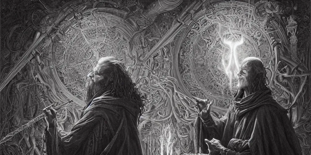 Image similar to highly detailed matte painting portrait of a dark wizard casting a spell by alex grey, patrick woodroffe, mark ryden created by gustave dore and greg rutkowski, high detailed, smooth draw, synthwave neon retro, intricate, realistic proportions, dramatic lighting, trending on artstation