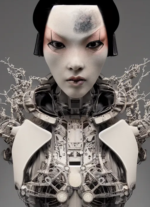 Image similar to close up portrait of a futuristic geisha cyborg, in the style of ghost in the shell, kintsugi, modern fine art, fractal, intricate, elegant, highly detailed, digital photography, subsurface scattering, by erwin olaf and greg rutkowski,