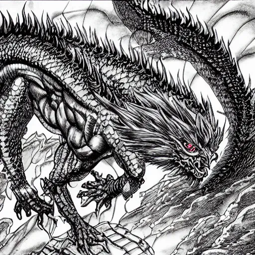 Image similar to Automaton fire dragon spirit, drawn by Kentaro Miura, ink, manga, maximalist, high detail, 8k