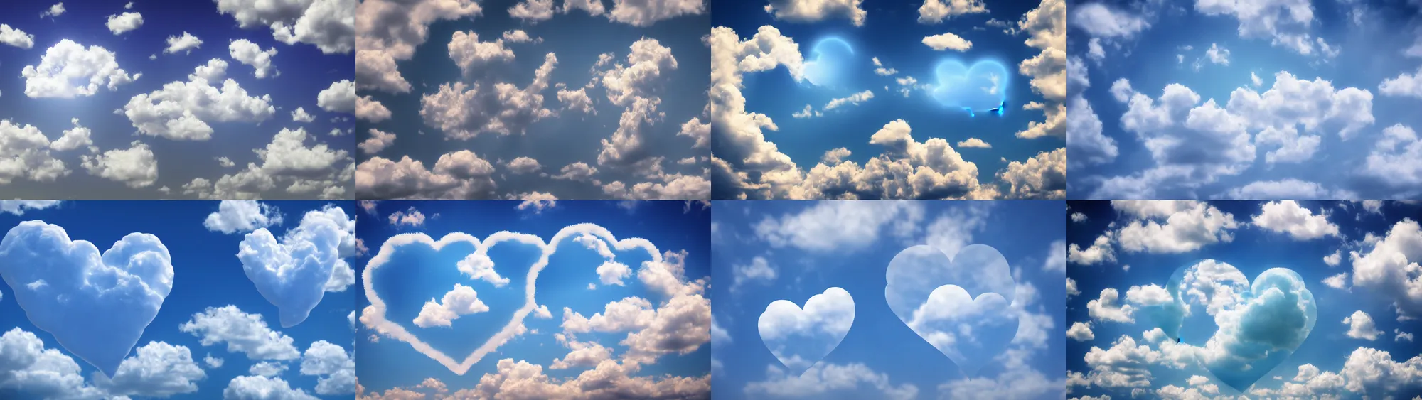 Prompt: soft cloud heart on blue clear sky, detailed, center, hyper realistic, epic photo, soft volume absorbation, volume clouds, view up, diffused lights, ultra realism, cinematic, film