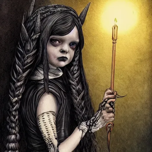 Image similar to Wednesday Addams casting dark magic, gothic art, subdued color, detailed, eerie, emotional, gothic, sad, agitated, highly detailed, incredibly sharp focus, Artstation, deviantart, artgem, insane detail, intense black line art, precision detail, golden ratio, in the style of Heavy Metal Comics