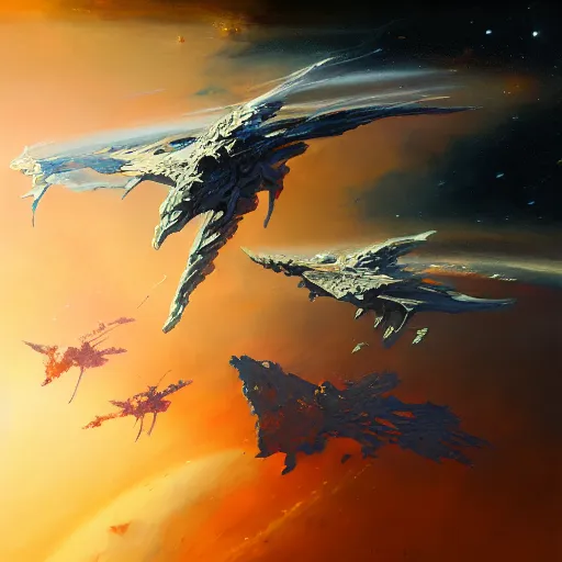 Image similar to oil painting with brushstrokes, dramatic space battle, fantasy, intricate, elegant, digital painting, trending on artstation, concept art, sharp focus, paint splatters, illustration by greg rutkowski, and peter elson, 4k.