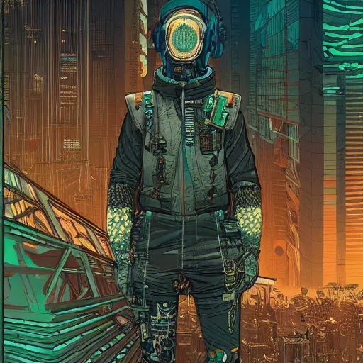 Prompt: stunningly intricate illustration of a cyberpunk explorer with active camo, highly detailed, midnight, by josan gonzalez, victo ngai, moebius, laurie greasley