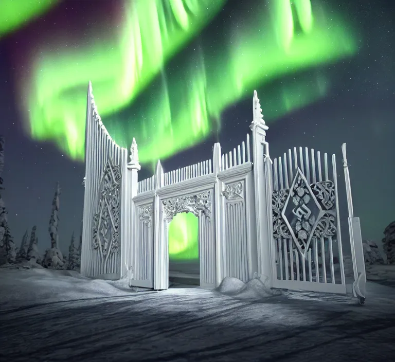 Image similar to a very detailed concept art of intricate and scandinavian white gates to aurora borealis infused with magic, dynamic lighting trending on artstation, symmetry, digital art, 4 k, hyper realistic, octane render, sharp focus