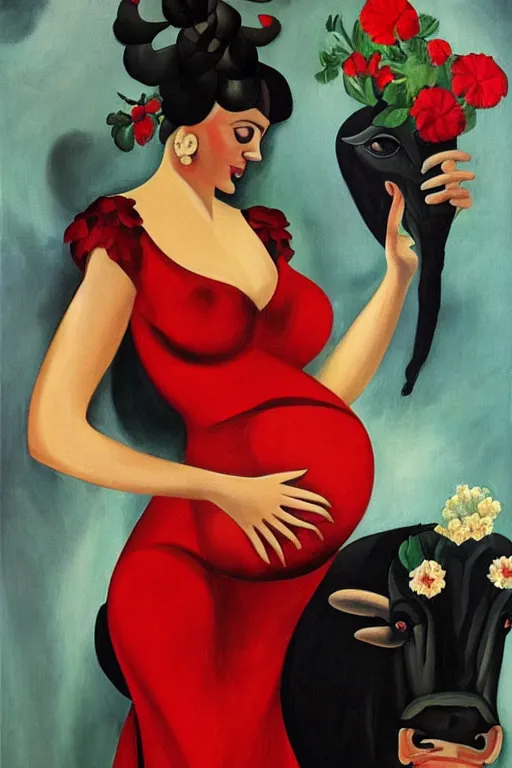 Prompt: highly detailed painting of pregnant flamenco dancer with a black bull head wearing a red dress made of flowers, holding a clock in her left hand, by tamara de lempicka