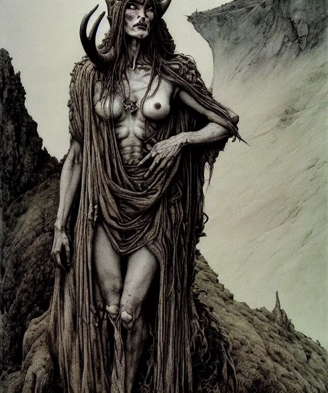 Image similar to A detailed horned goatwoman stands among the hills. Wearing a ripped mantle, robe. Perfect faces, extremely high details, realistic, fantasy art, solo, masterpiece, art by Zdzisław Beksiński, Arthur Rackham, Dariusz Zawadzki