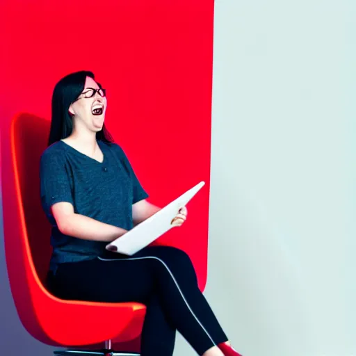 Image similar to a ux designer having loads of fun in a red chair with a big team creating wire frames