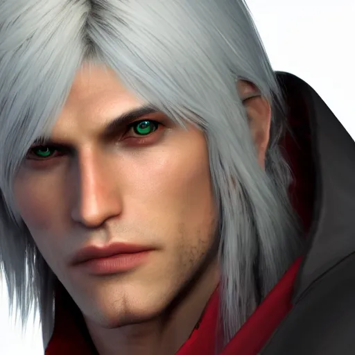 Prompt: portrait of dante from devil may cry 4, medium length hair, realistic, high quality, unreal engine, highly detailed face, sharp focus, depth of field, ambient lighting, ray tracing, 8k, hdr, artstation trending,