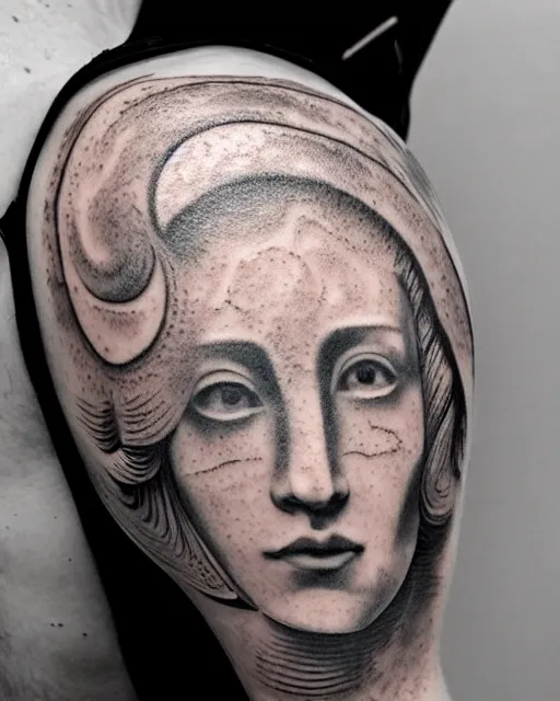 Image similar to planets on the top of a broken renaissance head statue, realism tattoo