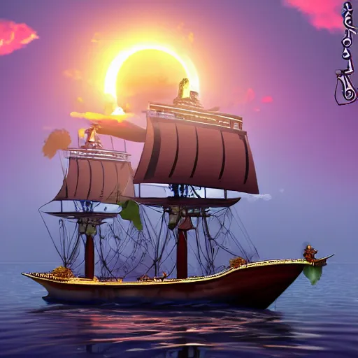 Image similar to a fantasy ship of pirates with a sun as the bow, anime style