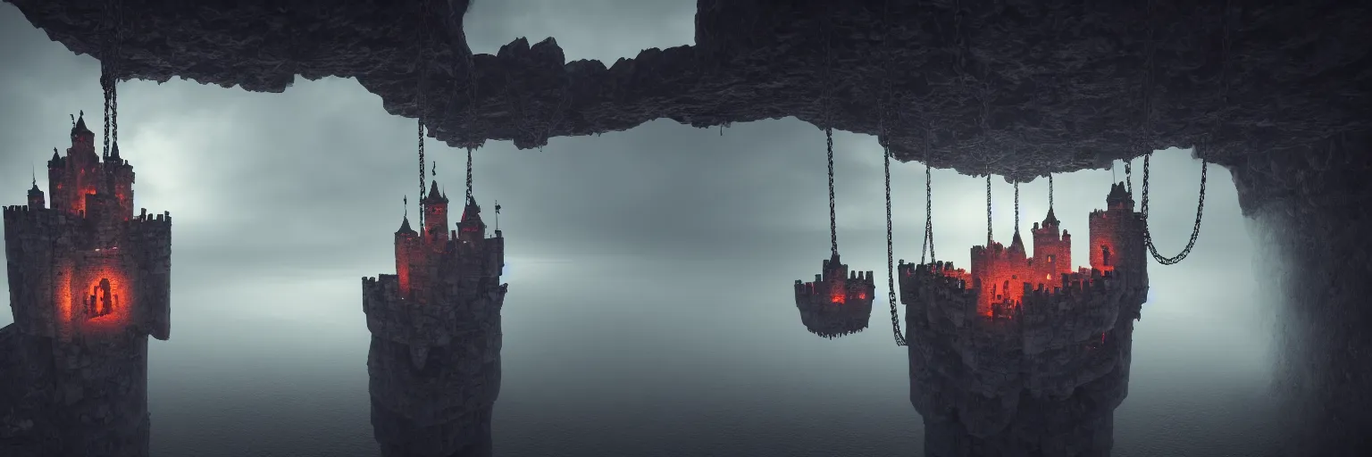 Prompt: floating castle hanging by chains in the air, in between a gorge, below only cloud dark void, 8k resolution, octane,