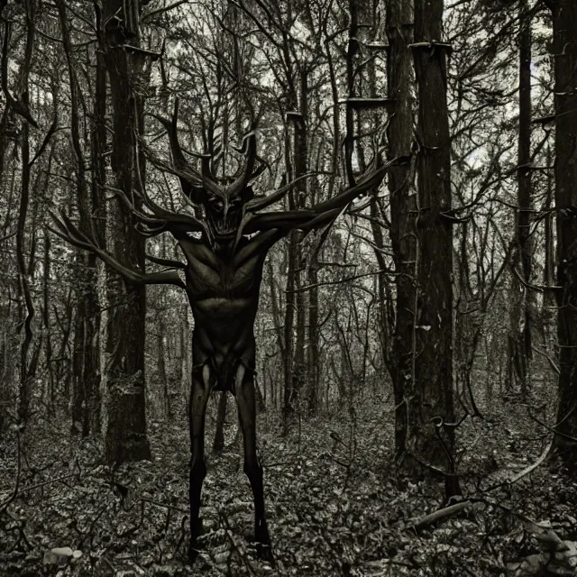 Prompt: bloody wendigo in forest at night, night vision, shot from ground, grainy