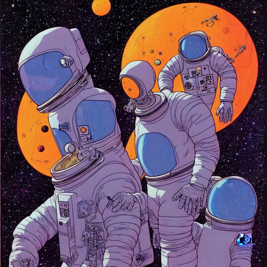 Image similar to ( ( ( ( astronaut talking face to face with a humanoid creature from another planet. ) ) ) ) by mœbius!!!!!!!!!!!!!!!!!!!!!!!!!!!, overdetailed art, colorful, artistic record jacket design