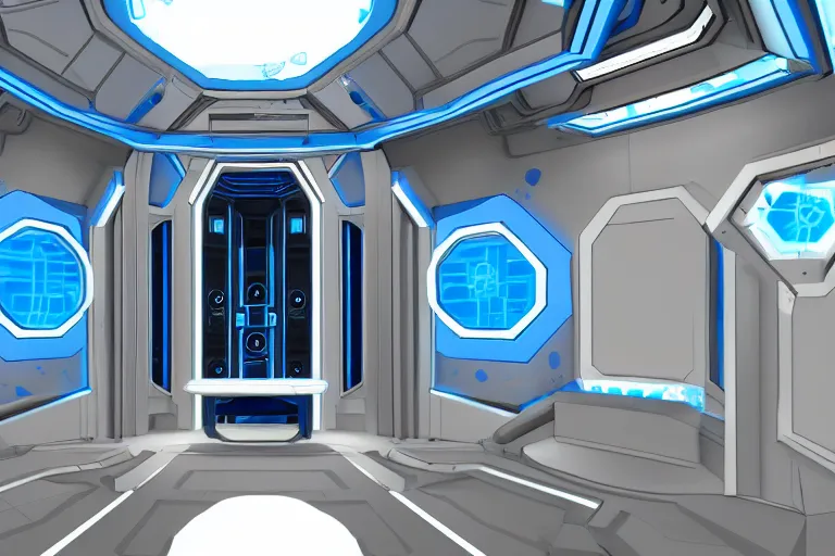Image similar to futuristic tardis interior stylized like portal 2