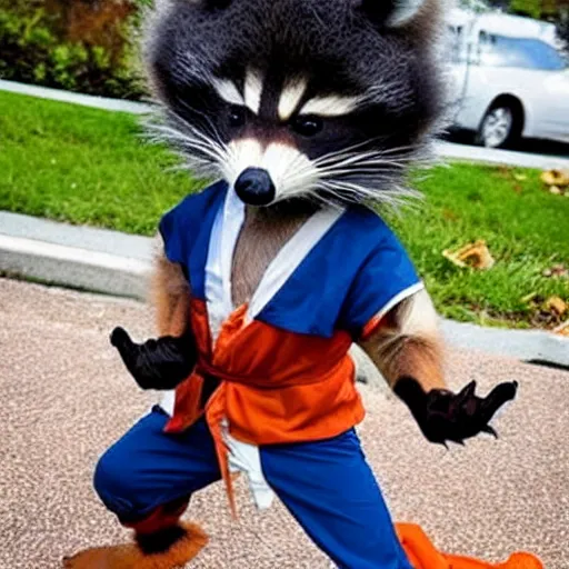 Image similar to a racoon dressed up as goku, realistic.