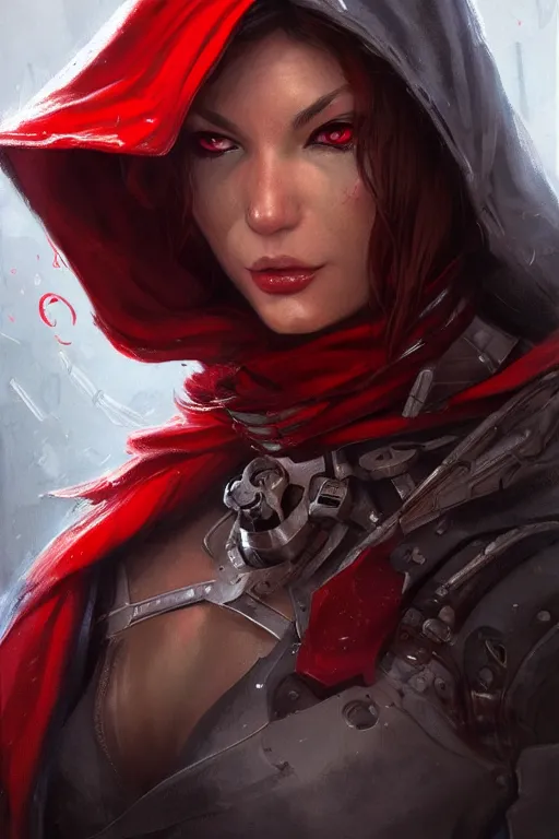 Image similar to cyborg red riding hood, d & d, fantasy, portrait, highly detailed, headshot, digital painting, trending on artstation, concept art, sharp focus, illustration, art by artgerm and greg rutkowski and magali villeneuve