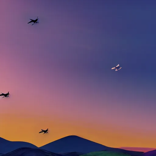 Prompt: drone vision from high, rainbow colored flamingos flying in a purple and pink sky at sunset. planets in the distance and golden hills, surreal, liquify, 4 k, artstation