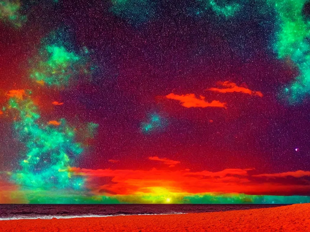 Image similar to purple nuclear bomb explosion, red sand beach, green ocean, nebula sunset
