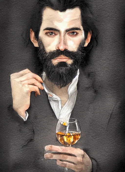 Prompt: portrait, a handsome skinny small Frenchman with beard and long black hair toasting with whiskey, watercolor, dramatic lighting, cinematic, establishing shot, extremely high detail, foto realistic, cinematic lighting, digital art, vector, by Yoshitaka Amano, Ruan Jia, Kentaro Miura, Artgerm, post processed, concept art, artstation, matte painting, style by eddie mendoza, raphael lacoste, alex ross