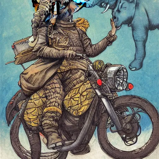 Image similar to elephant riding a motorcycle, art by rebecca guay