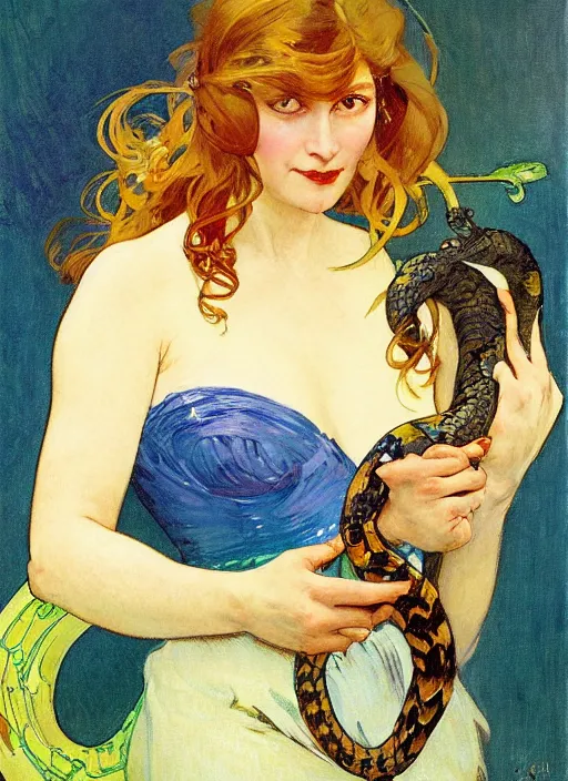 Image similar to an art nouveau copic maker portrait of a woman holding a snake in the night by john berkey by edward hopper, alphonse mucha, loish, norman rockwell