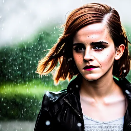 Image similar to Emma Watson standing outside in the rain, sad, modelsociety, radiant skin, huge anime eyes, RTX on, perfect face, directed gaze, intricate, Sony a7R IV, symmetric balance, polarizing filter, Photolab, Lightroom, 4K, Dolby Vision, Photography Award