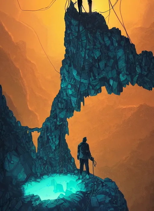 Image similar to comic book art of a [ man ] in trenchcoat with ( glowing ) [ gloves ] and [ boots ] crossing a [ old ] ( rope ) bridge in a [ jungle ] looking up at a [ mountain ] made of crystalized rock, a [ glowing tower ] extends into the sky, low angle, artstation illustration, elegant, arcane by tim doyle