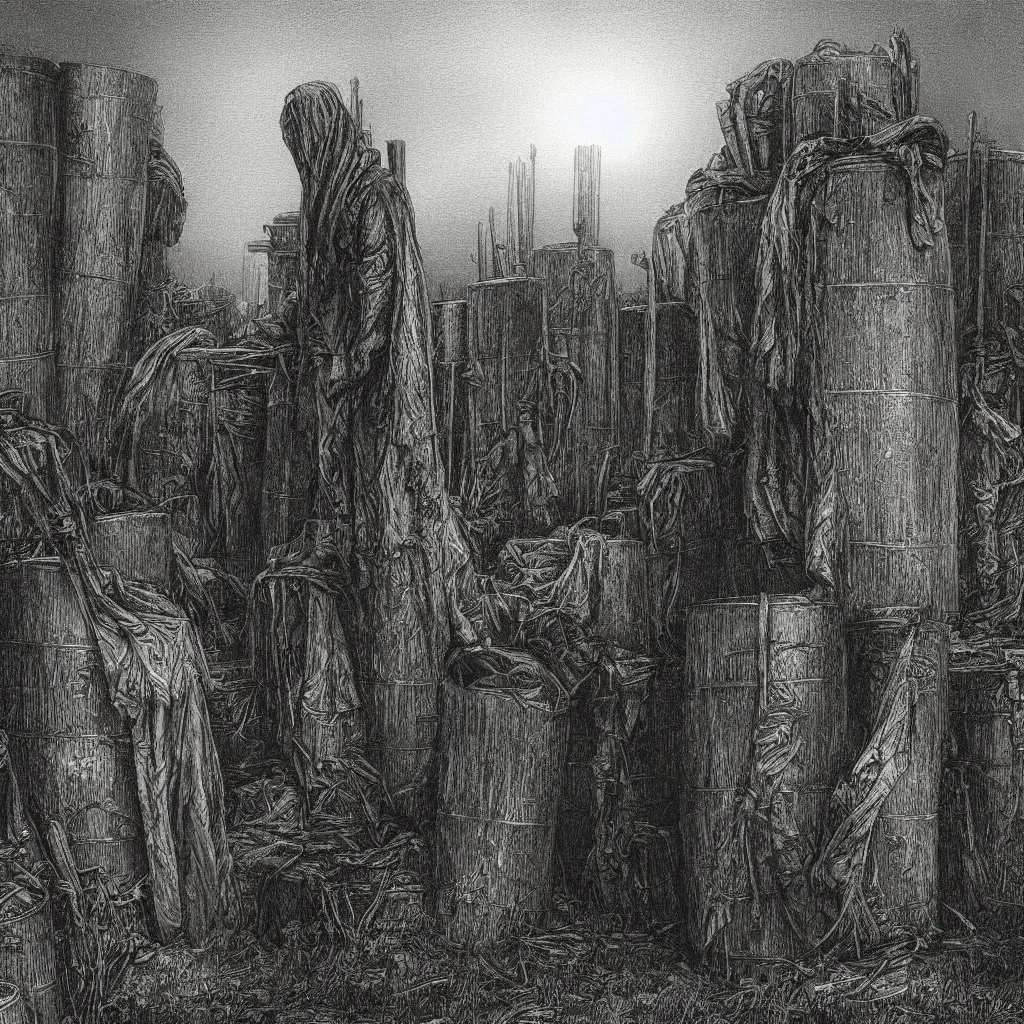 Image similar to steel barrels in a graveyard, creepy atmosphere, dark, portrait, realistic, very realistic, illustration by gustave dore