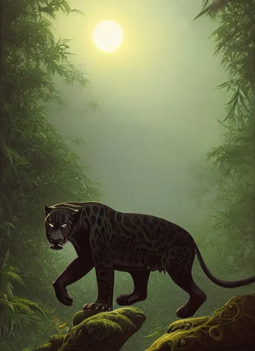 Image similar to a beautiful black jaguar waling in the jungle at night, art by christophe vacher