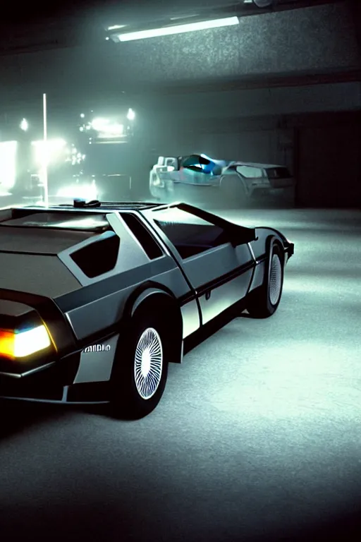 Image similar to photograph of the delorean from back to the future in half life 2, dark room, cinematic, volumetric lighting, hyperdetailed photograph