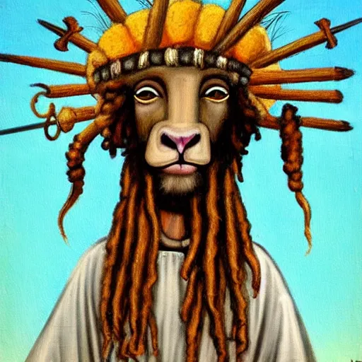 Image similar to a beautiful medieval art style painting of a Rastafarian sheep with dreadlocks and a blunt, trending on artstation