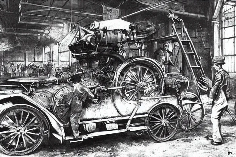 Image similar to repairing a vehicle on a machine world, year 1 9 1 4, photorealistic