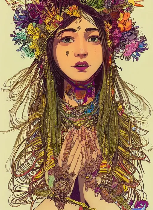 Image similar to beautiful flowerpunk indian cyborg portrait girl female illustration detailed patterns art of hindu traditional dress, flower pop art, floral splash painting, art by geof darrow, ashley wood, alphonse mucha, makoto shinkai