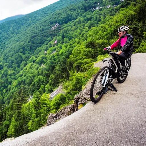 Prompt: a peaceful moment when a biker ride his bicycle on the top of mountain