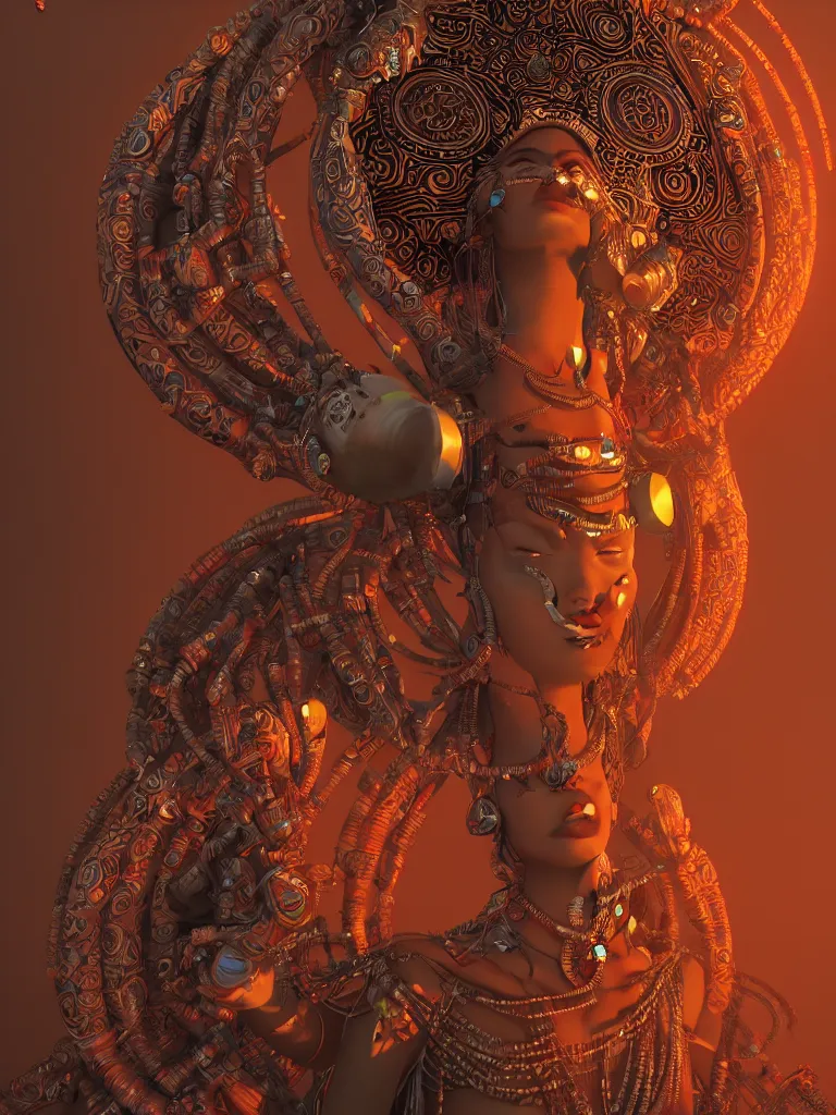 Prompt: a centered render of an alluring tribal goddess plays music on a complex synthesizer in a mystical psychedelic temple, full body, gorgeous face, perfect face, powerful, by viktoria gavrilenko, 3 d, trending on artstation, octane render, 8 k