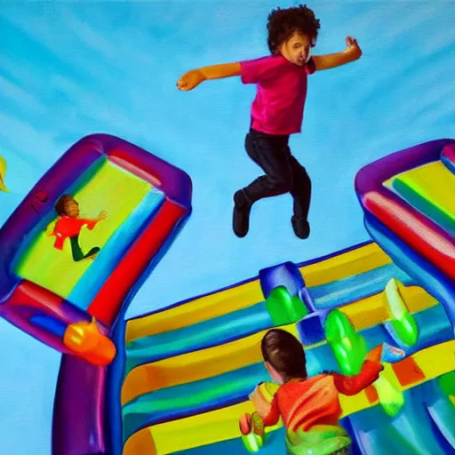 Prompt: a painting of young children jumping in a bouncy castle made of jell - o, with very dramatic lighting,, realistic