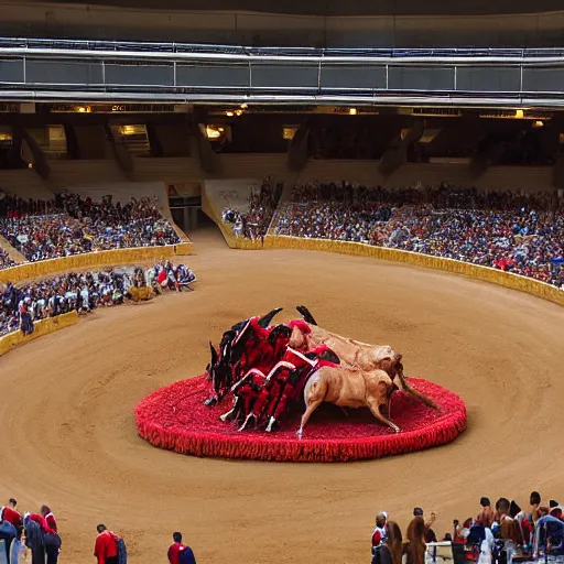 Image similar to evocative by stephanie rew. a installation art of a bullfight in spain. the installation art is set in an arena with spectators in the stands. several figures in the installation art, including a matador & a bull.