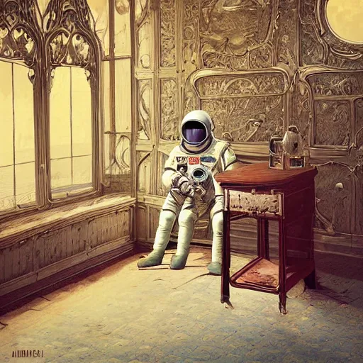 Image similar to a single cosmonaut in a spacesuit drinks a steaming cup of tea at an old wooden desk in a richly decorated house. :: by beeple and James Gilleard and Justin Gerard :: the autumn light comes in through a window and dimly illuminates the room. Ornate, dynamic, particulate, intricate, elegant, highly detailed, centered, artstation, smooth, sharp focus, photoreal octane render, 3d