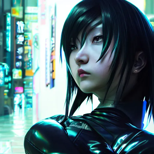 Image similar to An epic comic hyperrealistic anime painting of a cyber warrrior girl wearing futuristic wardrobe, black and silver, ultradetailed face expression trending on artstation and artbreeder, cyberpunk 2077 color, heavy rainning at tokyo street night, neon ligh, DAZ, 8k, unreal 5 engine render, cosplay, RPG portrait, final fantasy Vll world concept, dramatic lighting, rim lights, PS5 render quality