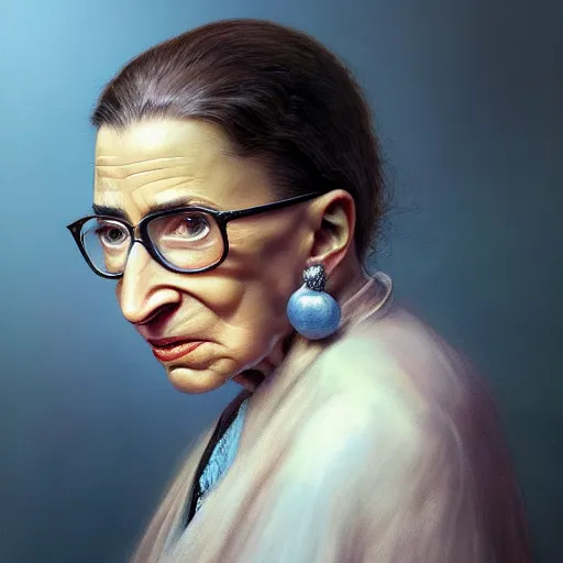 Image similar to a hyper - realistic character concept art portrait of young ruth bader ginsburg, young, depth of field background, artstation, award - winning realistic sci - fi concept art by jim burns and greg rutkowski, beksinski, a realism masterpiece, james gilleard, bruegel, alphonse mucha, and yoshitaka amano.