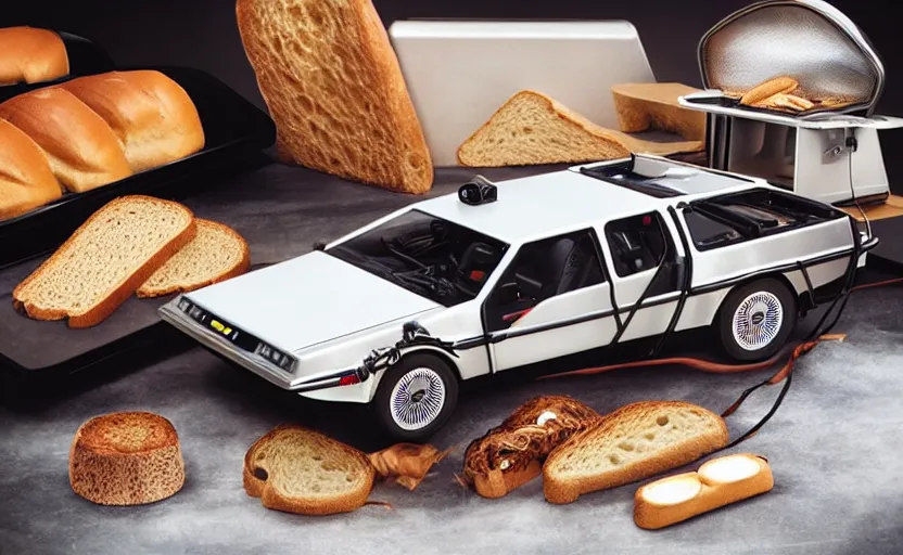 Image similar to a time-traveling delorean styled toaster with toast, bread inserted into slot, professional product shot, magazine ad