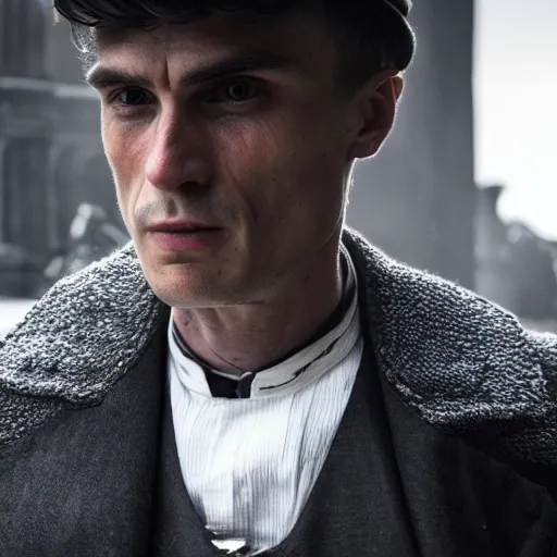 Image similar to thomas shelby as a black knight, portrait shot, cinematic, sharp focus, extreme detail, lighting, epic