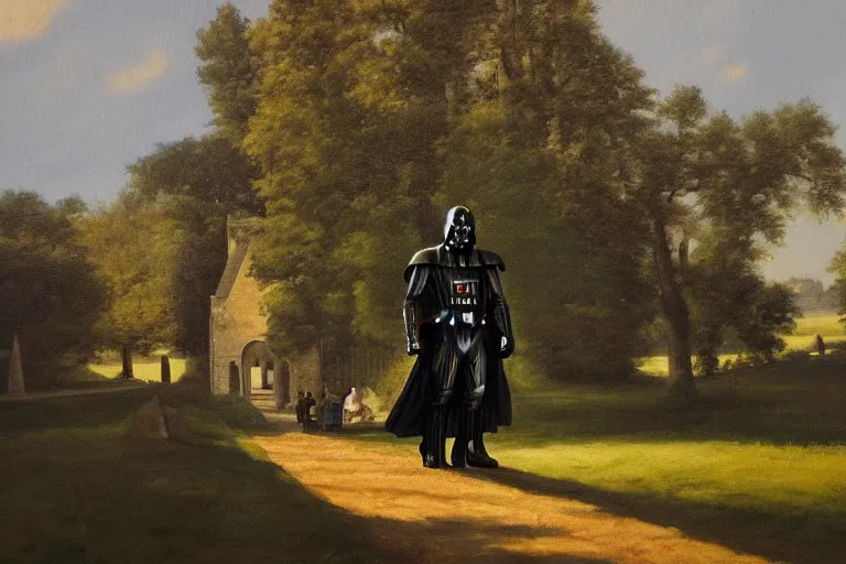 Image similar to a detailed oil painting of darth vader leaving a quaint norman flint church, english, churchyard, trees, golden hour, isometric